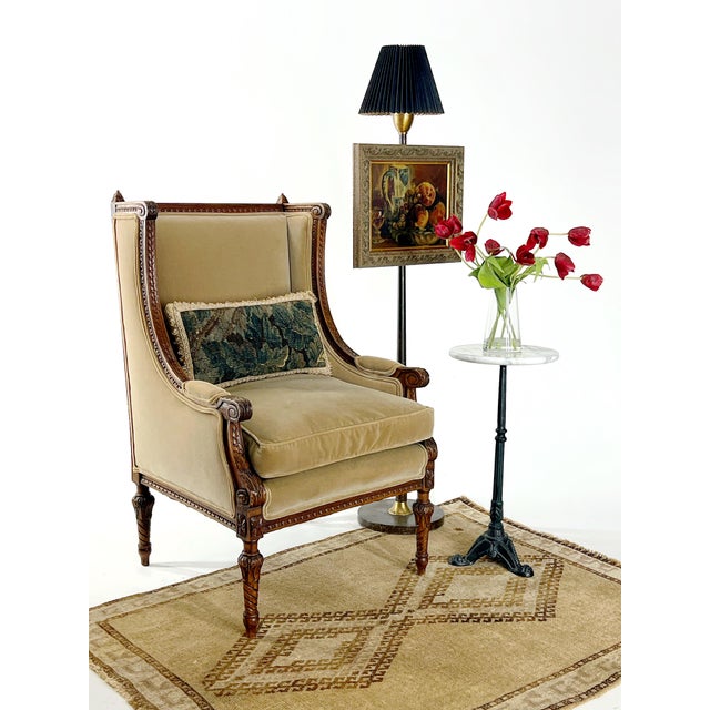 Vintage French Louis XVI-Style Bergère Armchair in Camel Velvet For Sale - Image 12 of 12