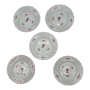 Late 19th Century Antique Reticulated Meissen Plates With Pink Floral Motifs - Set of 5