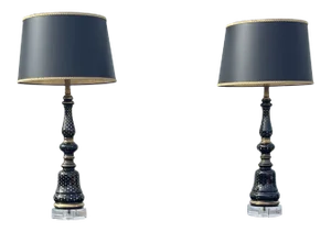 1940s Hollywood Regency Black Glass Lamps With Custom Made Shades - a Pair