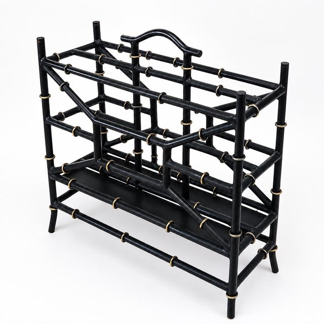 Late 20th Century Regency Style Black & Gilt Tole Faux Bamboo Magazine Rack For Sale - Image 5 of 5
