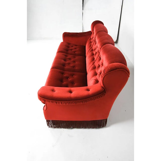 1960s Vintage Scandinavian Red Velour Three-Seat Sofa With Beech Feet For Sale - Image 4 of 10