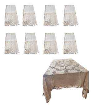 Tablecloth for 8 and Napkins in Linen and Cantu Lace with Hand Embroidery, 1940s, Set of 9