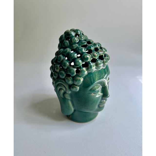 Vintage Pierced Glossy Green Glazed Ceramic Buddha Head For Sale - Image 4 of 16