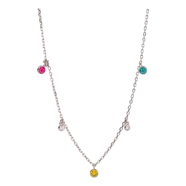 Rainbow Smiley Face Silver & Diamond Choker Necklace For Sale
