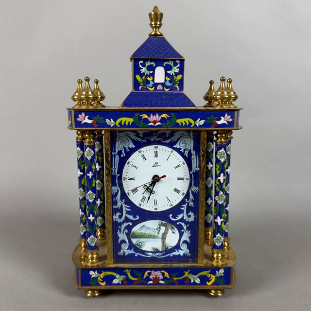 Blue 20th Century Pagoda Mechanical Table Clock with Cloisonné Enamels and Gilded Metal For Sale - Image 8 of 11