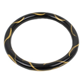 French Black Celluloid Bracelet Bangle With Gold Application For Sale
