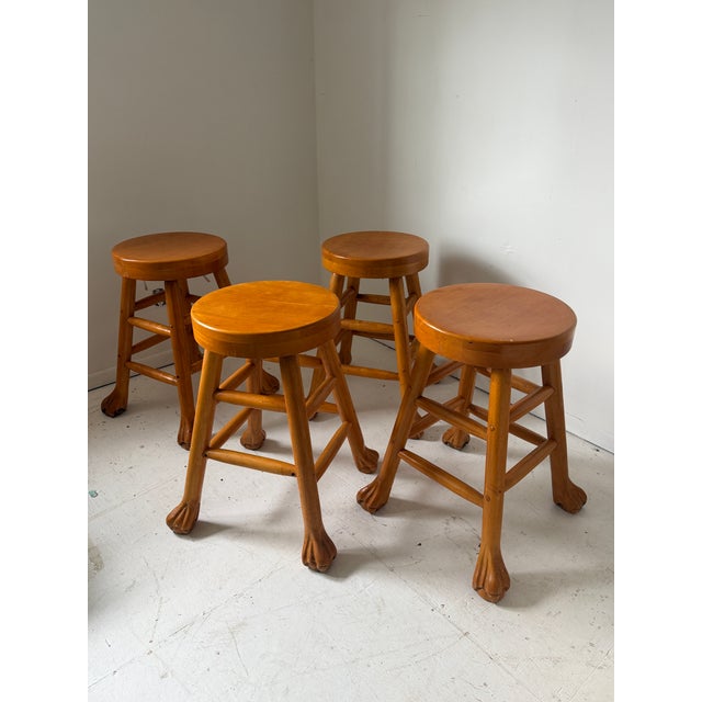 American Chunky Carved Ball and Claw Foot Barstool Set of Four For Sale - Image 3 of 9