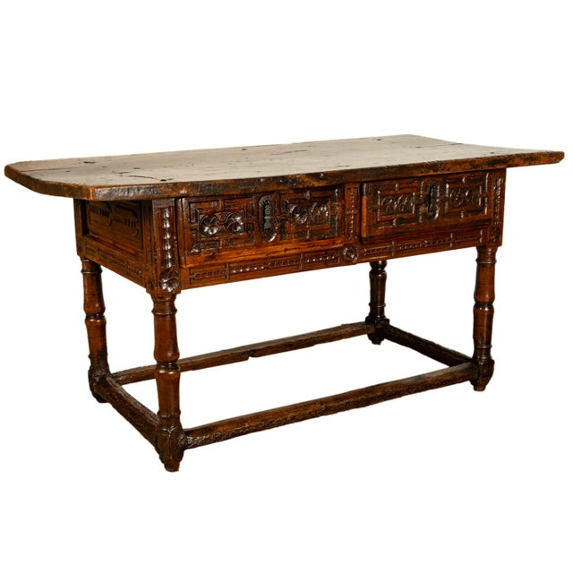 Antique Late 16th Century Spanish Baroque Carved Walnut Refectory Console Table Desk 1580 For Sale - Image 4 of 12