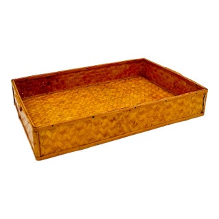 Vintage Chinese Bamboo Serving Tray Woven Split Rattan For Sale