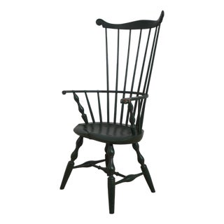 Country Green Painted Finish High Comb Back Windsor Armchair For Sale
