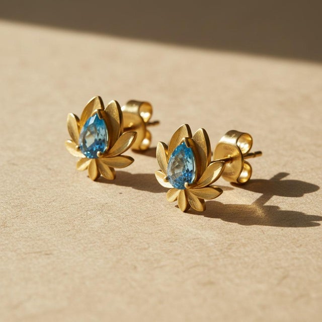 Pear-Cut Topaz Lutus Flower Earrings Studs, Silver, Gold, Pair For Sale - Image 6 of 8