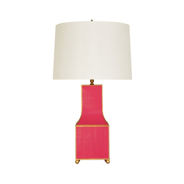 Worlds Away Matthew Izzo Home Renata Pagoda Style Dark Pink Tole Table Lamp With Gold Trim and Cream Silk Shade For Sale - Image 4 of 4