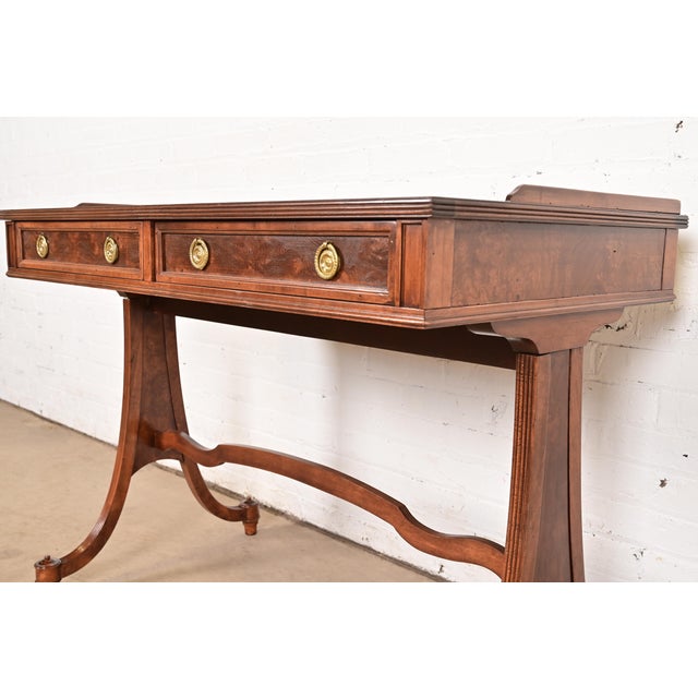 Wood Baker Furniture English Regency Burled Walnut Writing Desk or Console Table, Newly Refinished For Sale - Image 7 of 12
