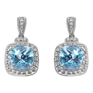 Sterling Silver 8x8mm Cushion Cut Blue Topaz and Diamond Accent Drop Earrings For Sale