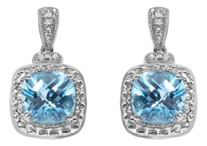 Sterling Silver 8x8mm Cushion Cut Blue Topaz and Diamond Accent Drop Earrings
