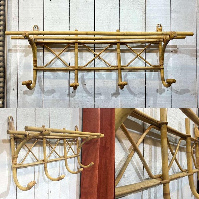 1960s rattan wall coat rack - L=97cm H=38cm D=24cm