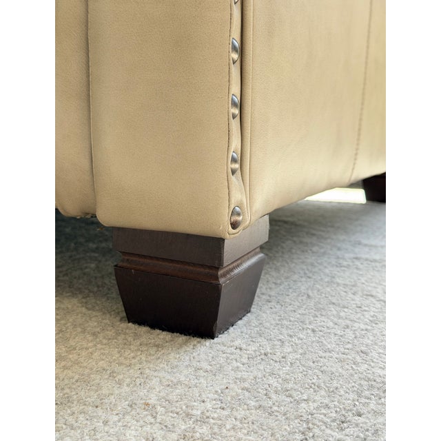 Smith Brothers 393 Beige Leather Three-Seat Sofa With Rolled Arms and Nailhead Trim For Sale - Image 9 of 10
