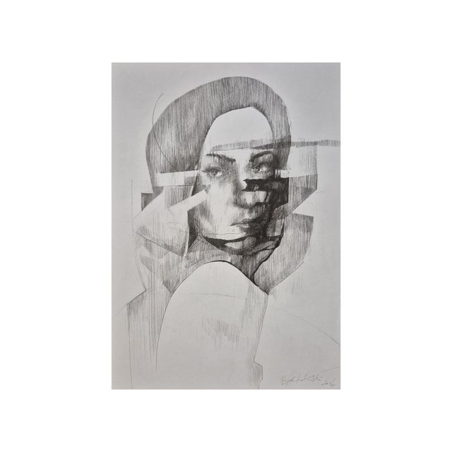 Faces - contemporary portrait: original ink drawing on paper by rafał kolinski the artwork presents a striking portrait,...