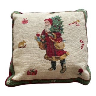 Vintage Needlepoint Christmas Santa Claus St. Nicholas Pillow For Sale