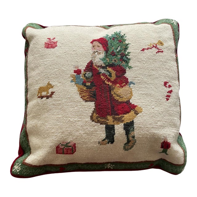 Vintage Needlepoint Christmas Santa Claus St. Nicholas Pillow For Sale