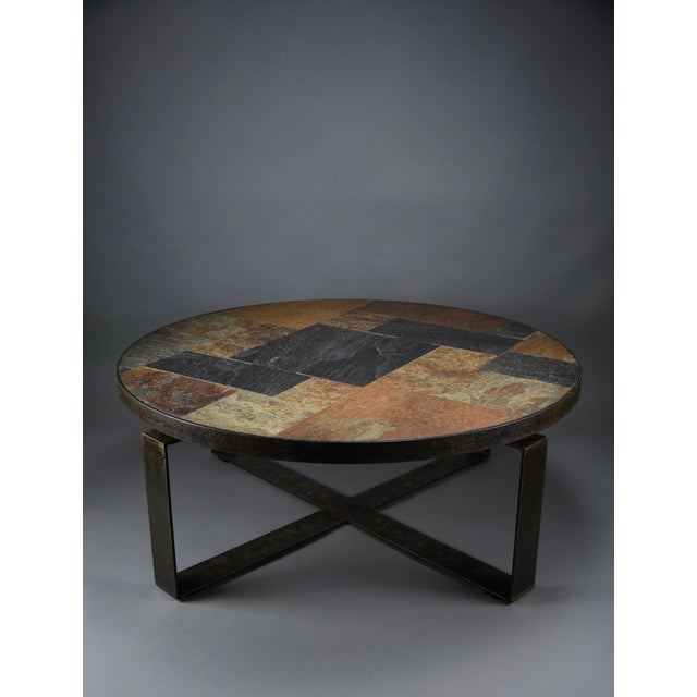 Brutalist Round Coffee Table in Norwegian Slate, Concrete and Hammered Brass attributed to Paul Kingma, Netherlands, 1970s For Sale - Image 14 of 14