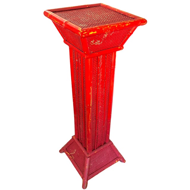 Vintage Red Painted Bamboo & Woven Rattan Pedestal Plant Stand – Sister Parish Style For Sale In Jacksonville, FL - Image 6 of 8