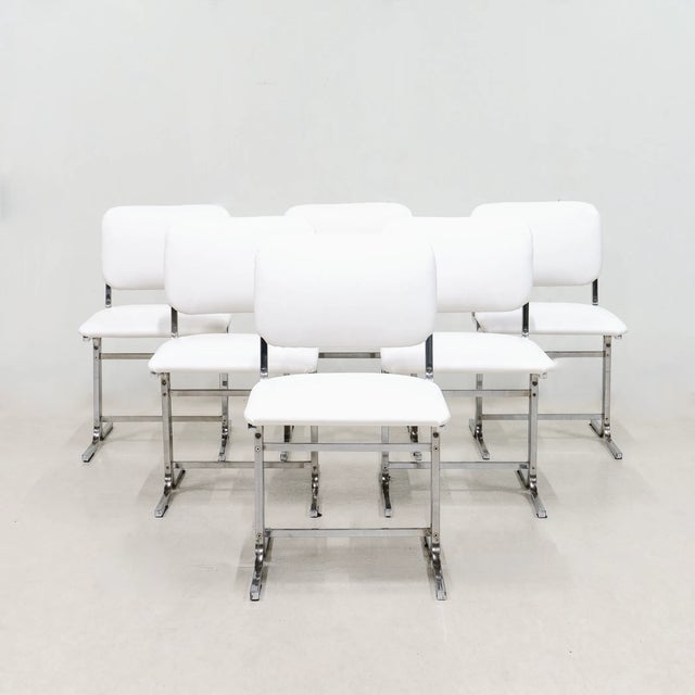 White Vintage Italian Chrome-Plated Metal Chairs with White Leather Seats, 1970s, Set of 6 For Sale - Image 8 of 9