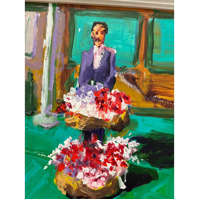 Abstract figurative painting with bold brushstrokes and a vibrant green background. This cheerful, signed painting has...