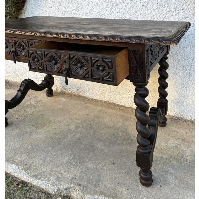 Brown Spanish Carved Oak Table with Turned Legs and Drawers For Sale - Image 8 of 9