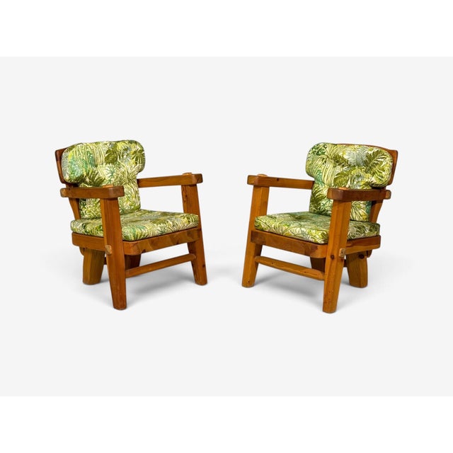 Stig Sandqvist, Brutalist Lounge Chairs, Pine, Green Fabric, Sweden, 1960s For Sale In New York - Image 6 of 15