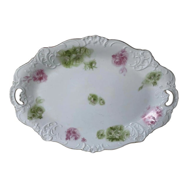 1930s Hermann Ohme "Élyseé" Oval Platter - Pink & Green Underglaze Roses - Pink & Green Roses on White, Gold Trim For Sale