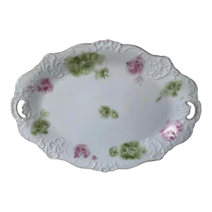 1930s Hermann Ohme "Élyseé" Oval Platter - Pink & Green Underglaze Roses - Pink & Green Roses on White, Gold Trim