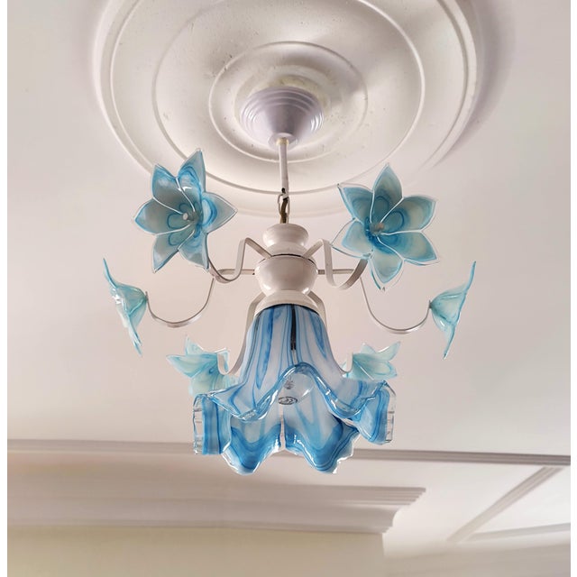 Italian Vintage Murano Style Glass Chandelier, 1980s Blue Floral Lamp, Small Italian Ceiling Light For Sale - Image 3 of 13