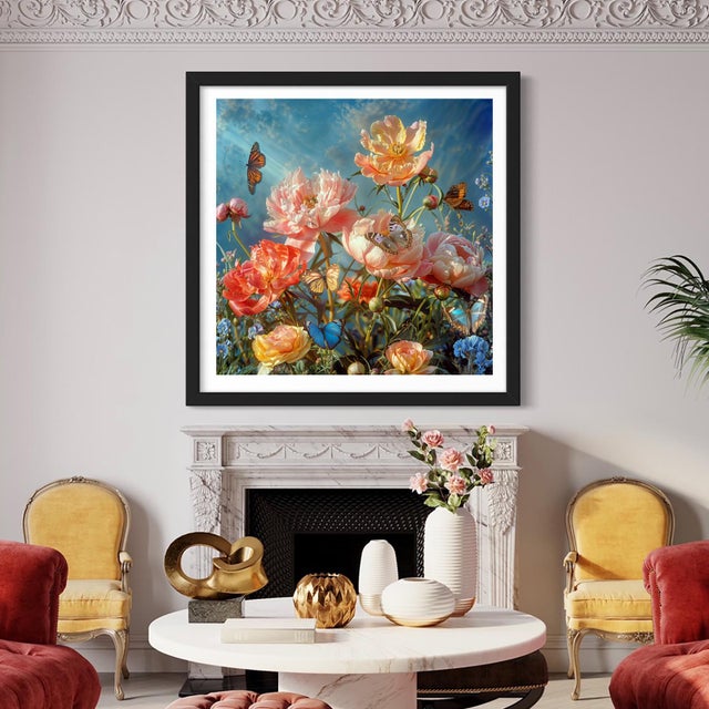 A Digital Photograph of Several Peonies Flowers with Butterflies on them. Printed on 300gsm Fine Art Paper.