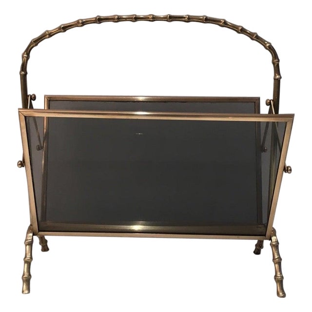 1940s Brass and faux bamboo magazine rack with tinted glass panels on each side. French For Sale