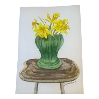 “Yellow Flowers in Green Vase” Original Watercolor Painting by Nancy Smith For Sale