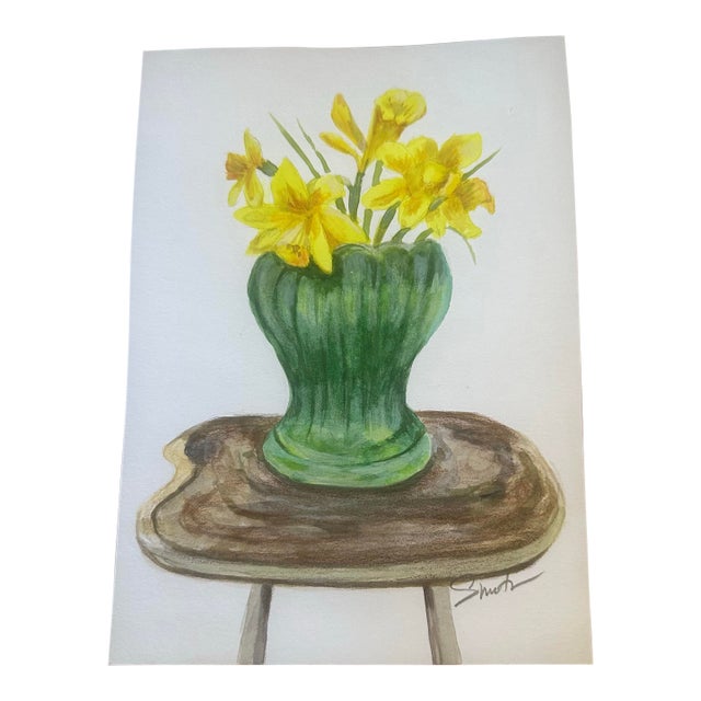 “Yellow Flowers in Green Vase” Original Watercolor Painting by Nancy Smith For Sale