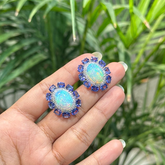 Art Deco 18k White Gold 14.24ct Fire Opal & Blue Sapphire Cluster Diamond Vintage Earrings- A Pair For Sale - Image 3 of 18