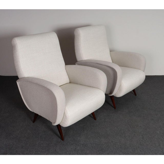 Pair of Italian Walnut and Gray and White Tweed Club Chairs After Marco Zanuso For Sale - Image 4 of 18