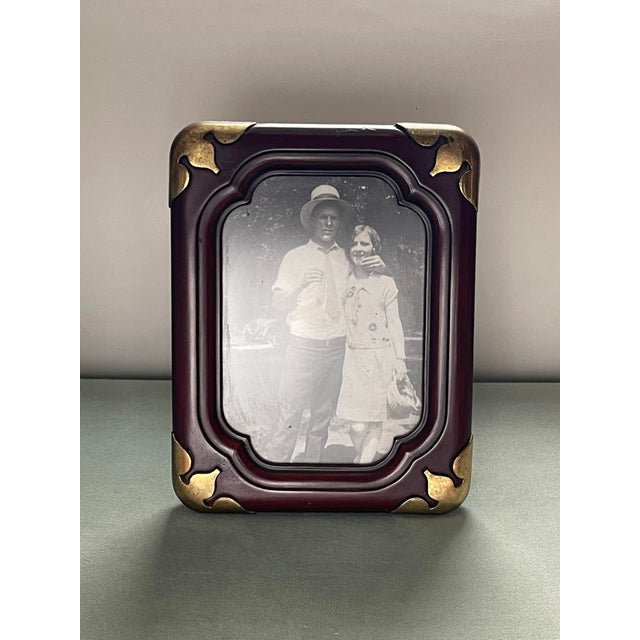 Art Nouveau Vintage Wood & Brass Picture Frame For Sale - Image 3 of 11