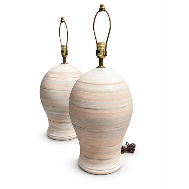 Contemporary Late 20th Century Postmodern Pastel Striped Ceramic Table Lamps – A Pair For Sale - Image 3 of 8