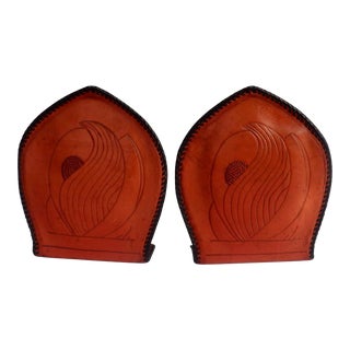 Hand Tooled Leather Laced Edge Book Ends - A Pair For Sale