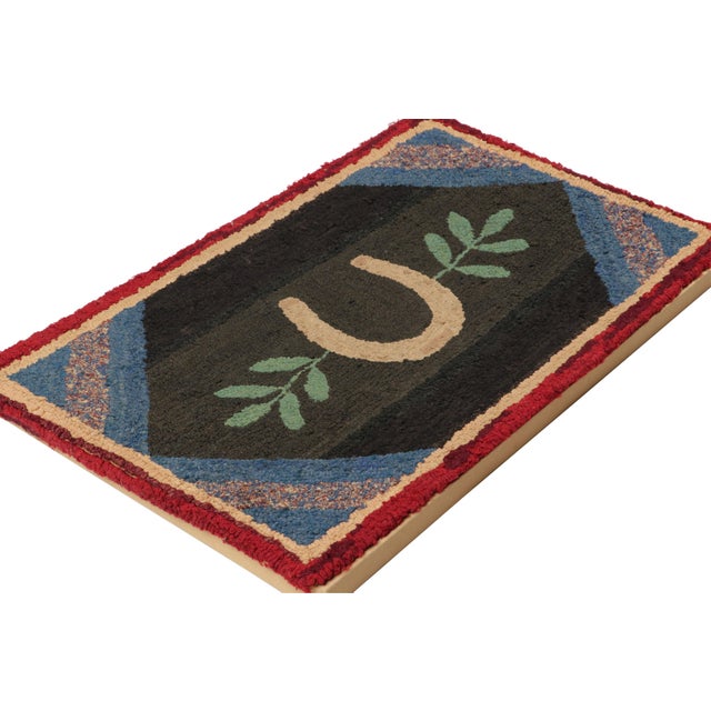 Traditional Antique Framed Hooked Rug, Dark Brown With Horseshoe Pictorial - Rug & Kilim For Sale - Image 3 of 4