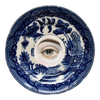 Lover's Eye Painting on a Flow Blue Willow Chinoiserie Plate by Susannah Carson For Sale