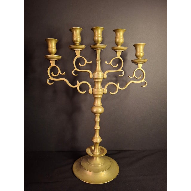 Metal Antique Polish Brass 5 Light Sabbath Candelabra 19th C Judaica Menorah Candle For Sale - Image 7 of 18