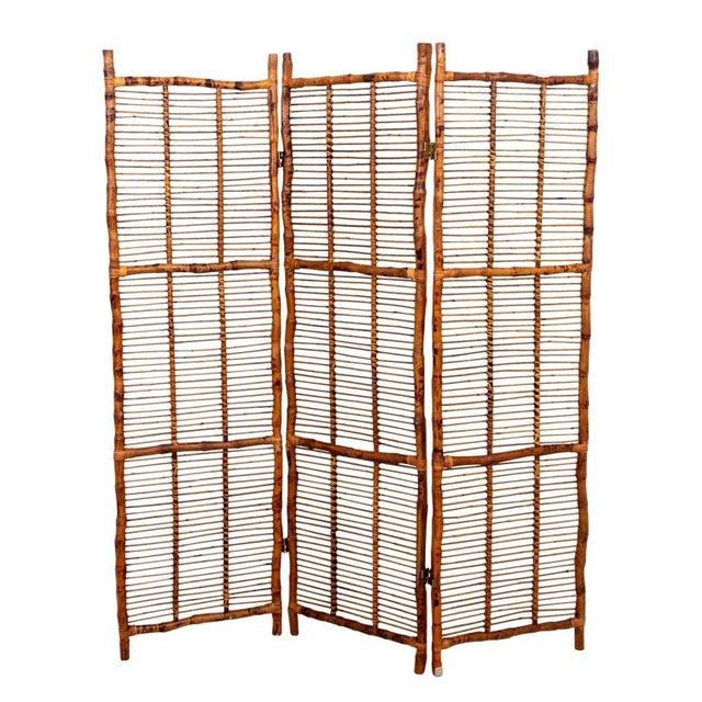 Wood Three Panel Bamboo Screen For Sale - Image 7 of 7