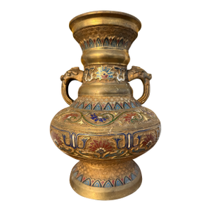 Large Bronze Champlevé Enameled Handled Vase
