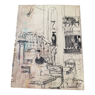 1952 Original Ink Sketch by Dimitrie Berea of an Interior Scene From a Cafe in Brussels, Belgium in 1952 For Sale