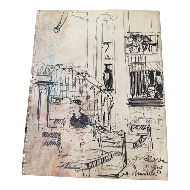 1952 Original Ink Sketch by Dimitrie Berea of an Interior Scene From a Cafe in Brussels, Belgium in 1952 For Sale