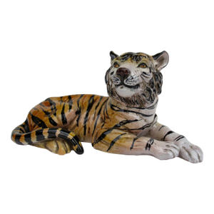 C.1970's Italian Hand-Made Porcelain Glazed Tiger in Repose